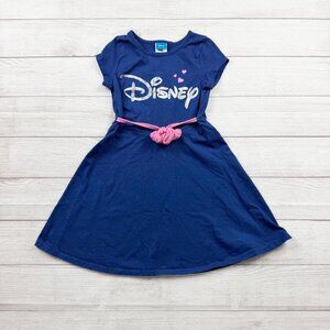 Disney Girls Blue Dress Short Sleeve Logo Dress Pink Belt Fit Flare M 7-8
